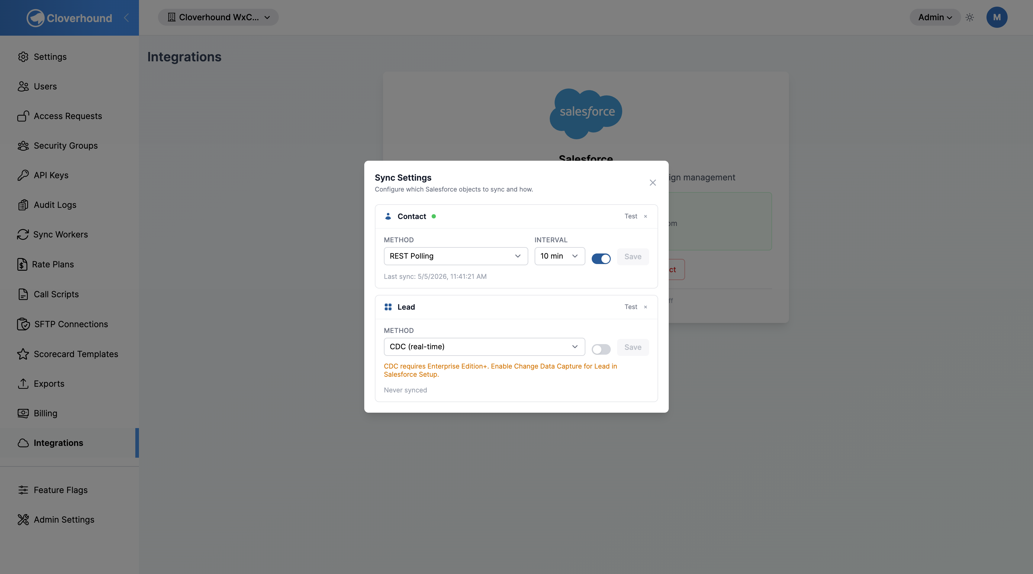 Sync Settings modal listing configured Salesforce objects