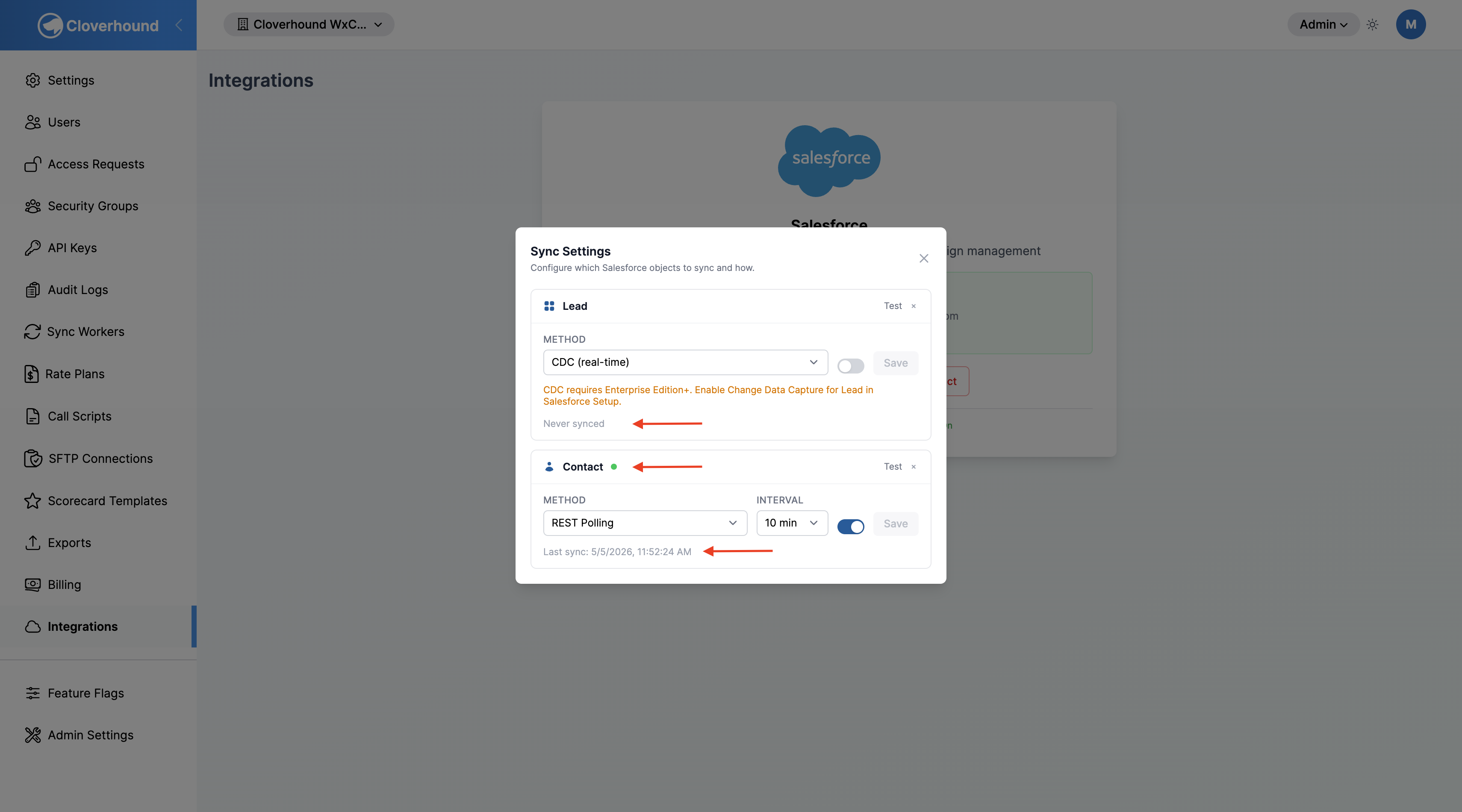 Sync status indicators on the Integrations page