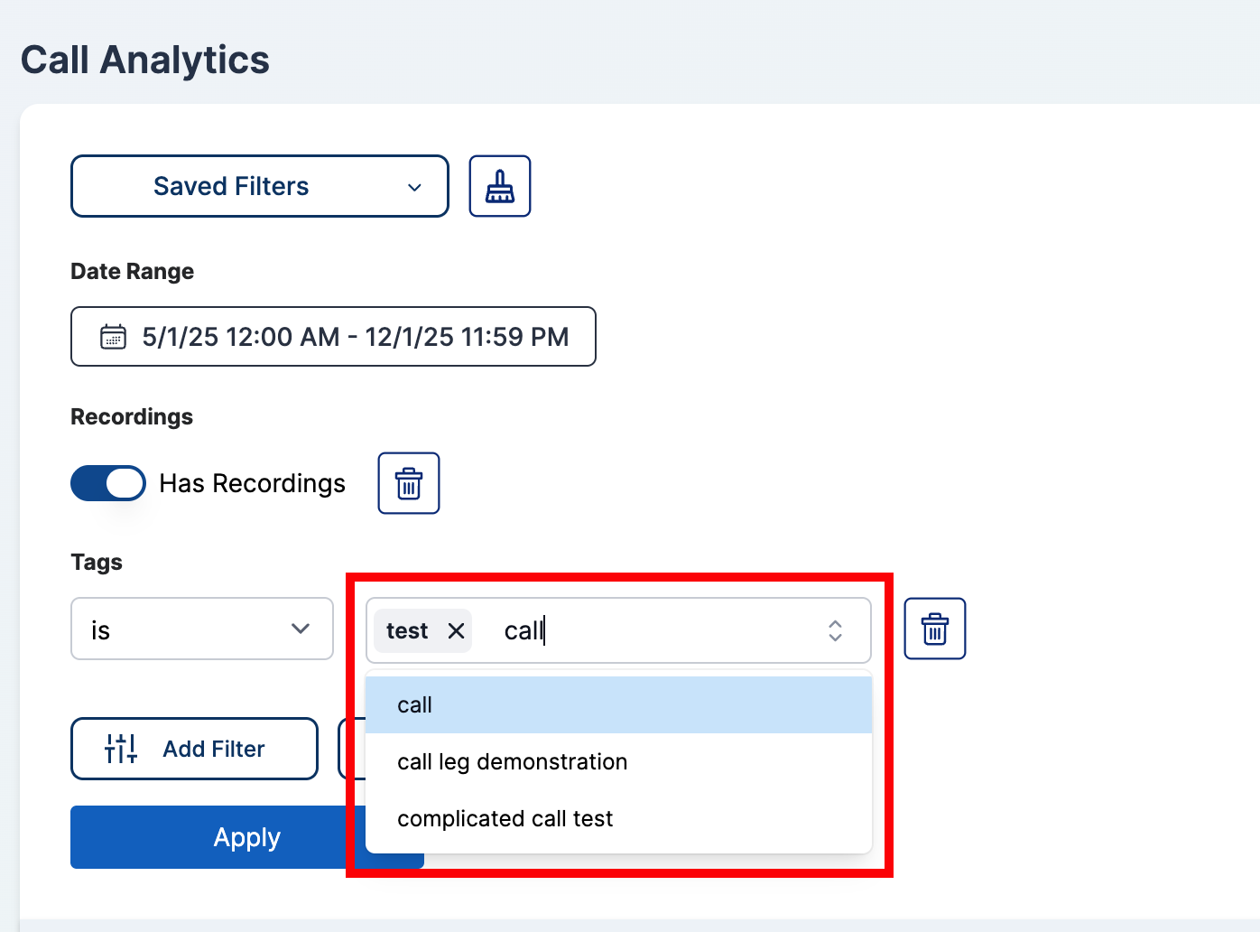 Selecting tag values in the filter