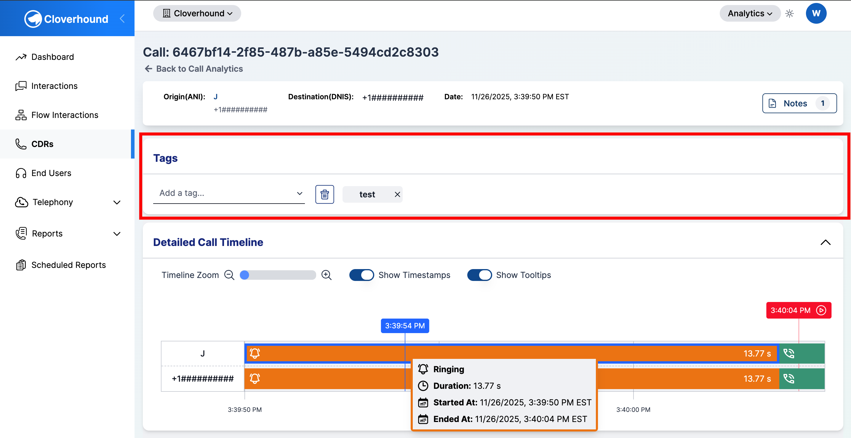 Tags section on the call details page