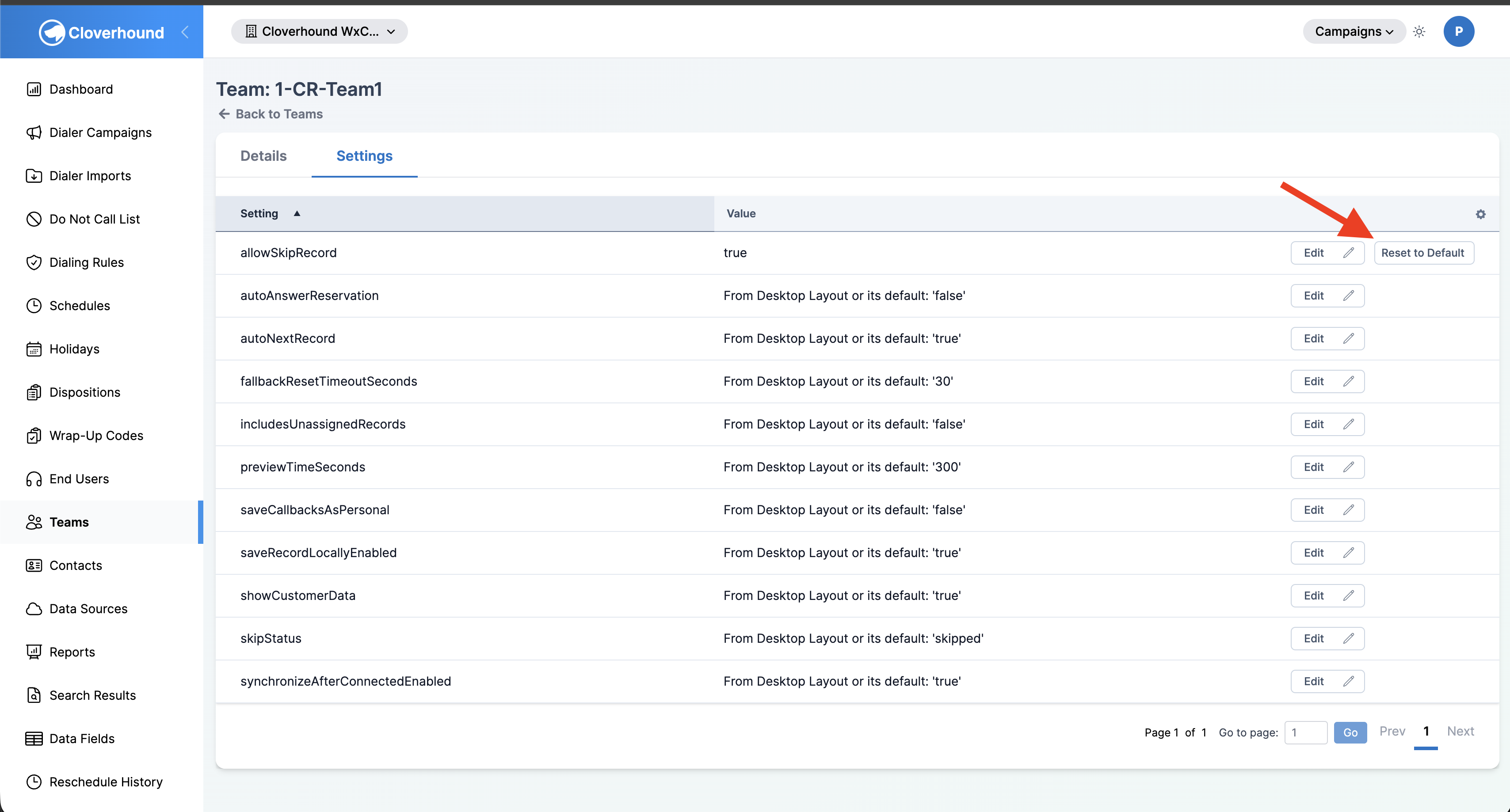 Reset to Default button on an overridden team setting