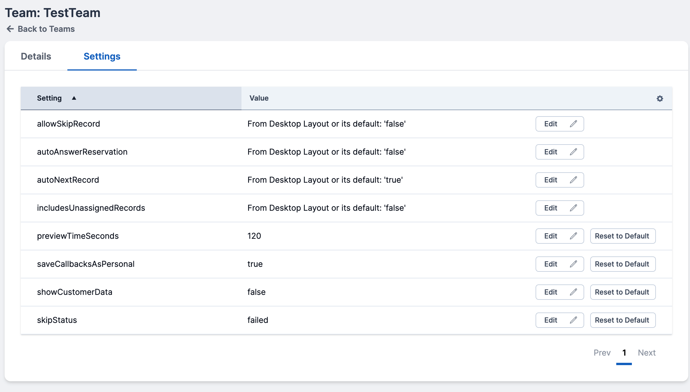 team settings table