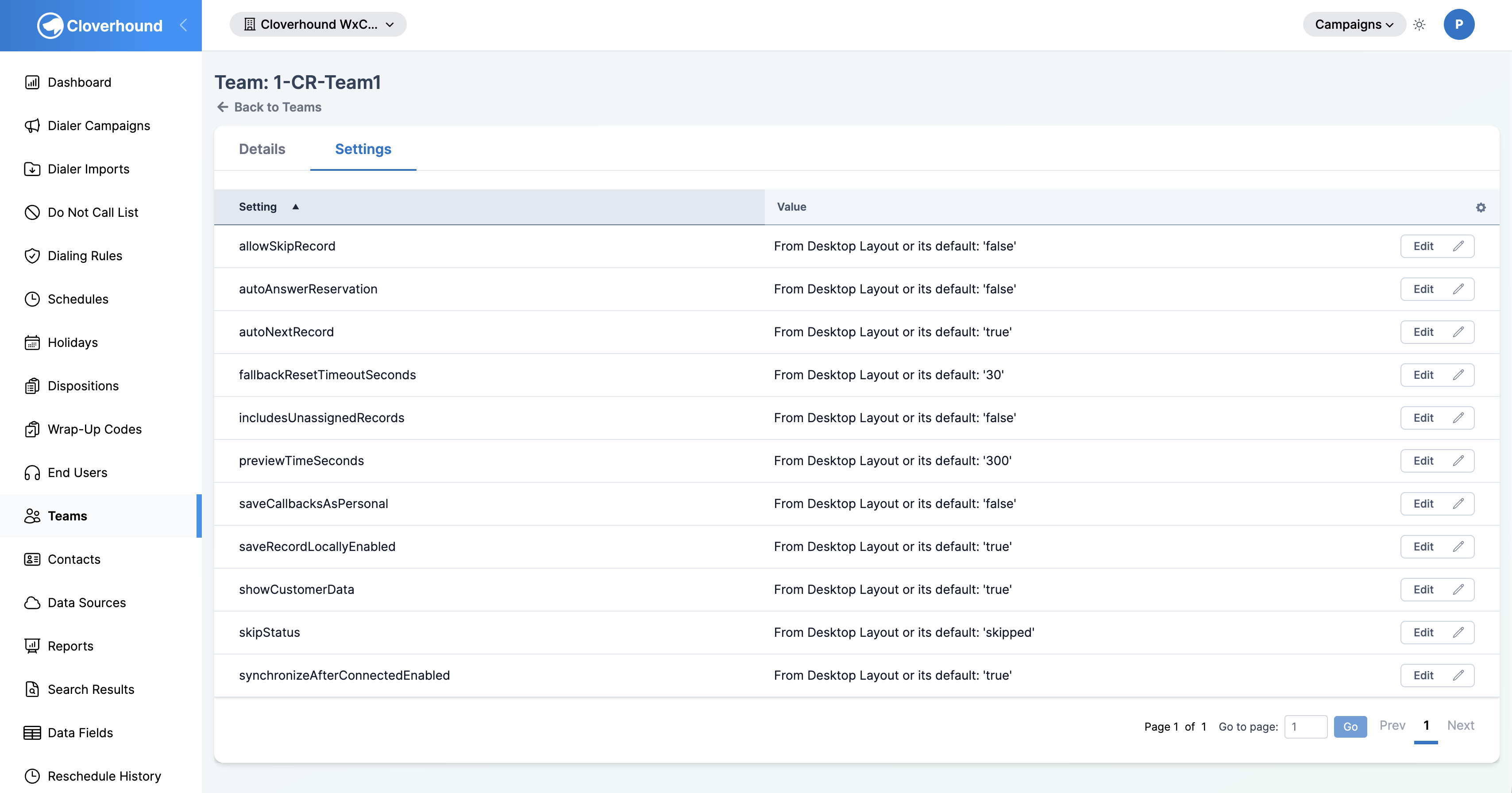 Team detail page with the Settings tab selected