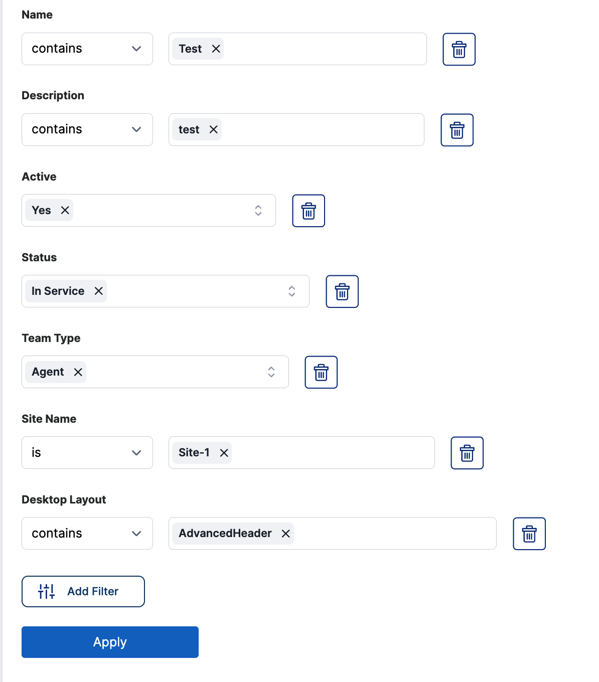 teams table filters
