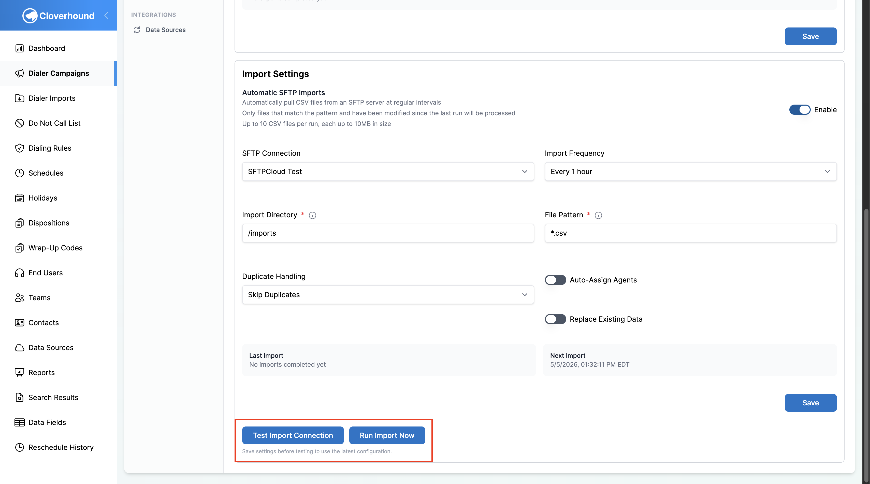 Test Import Connection and Run Import Now buttons
