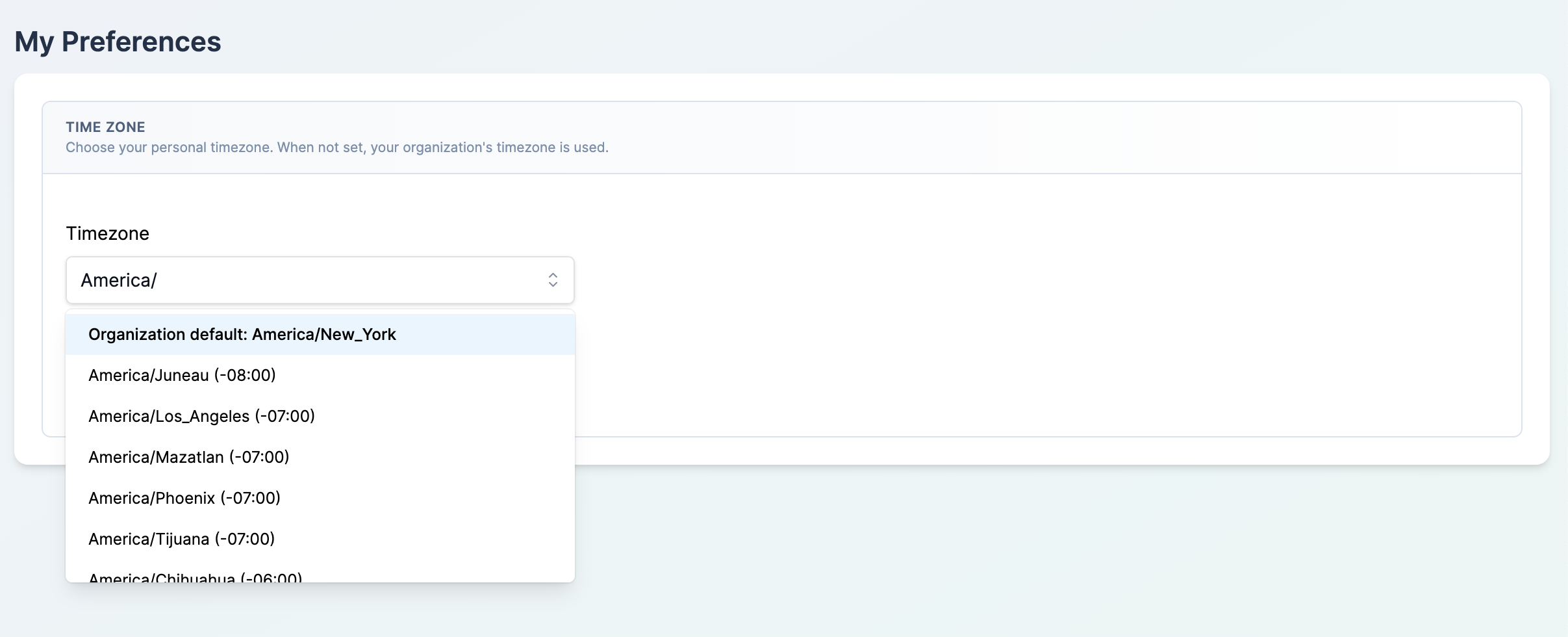 Time Zone dropdown open with filter text and matching options