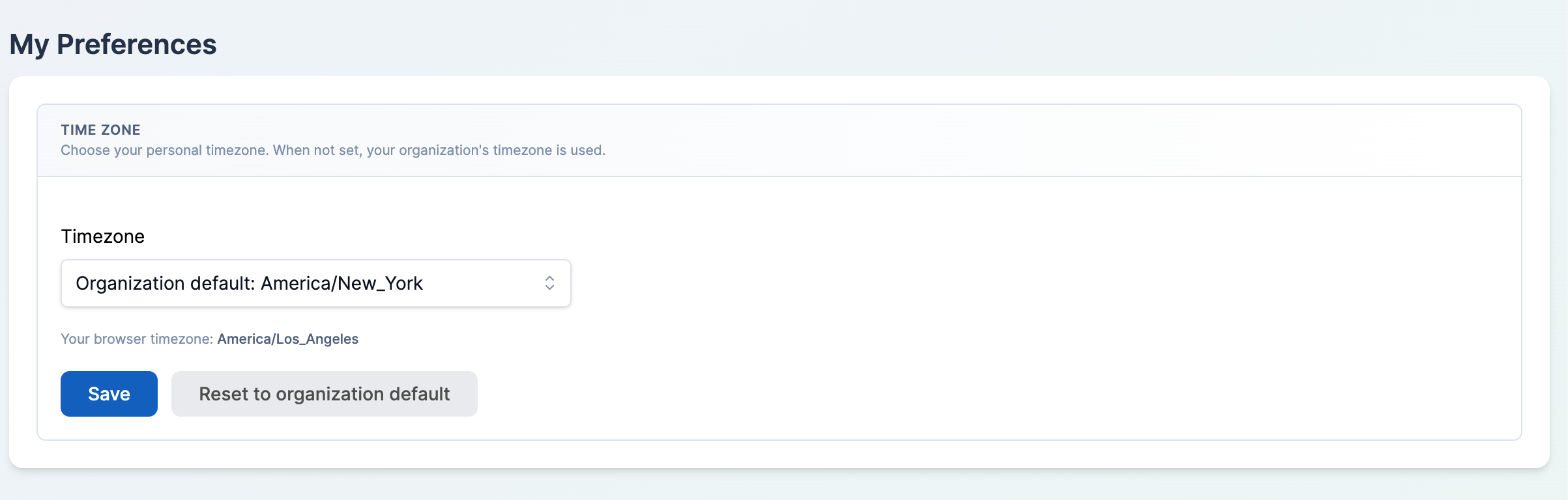 Time Zone section showing the Timezone dropdown, the organization default placeholder, and the browser timezone hint