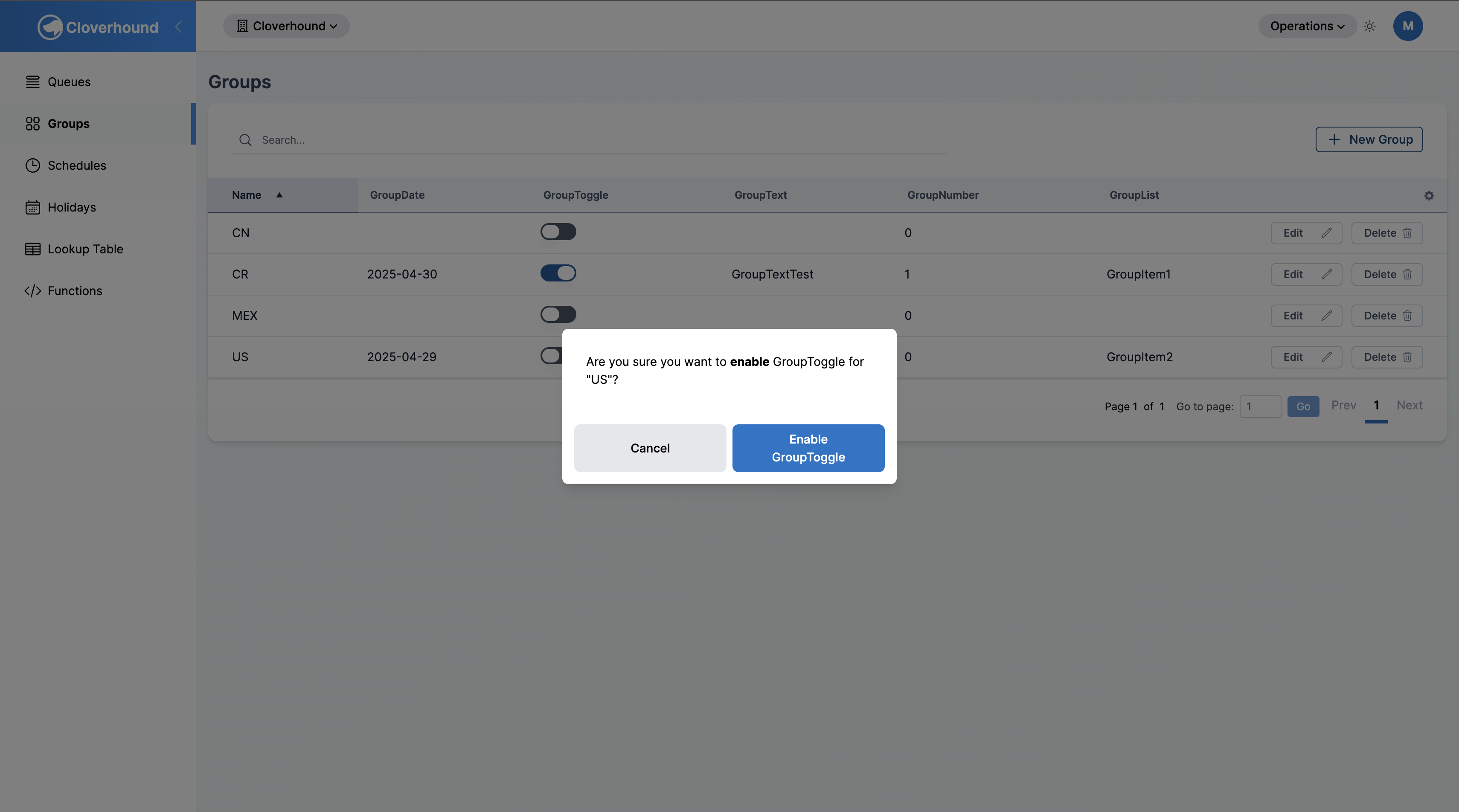 Confirming a toggle change on a group