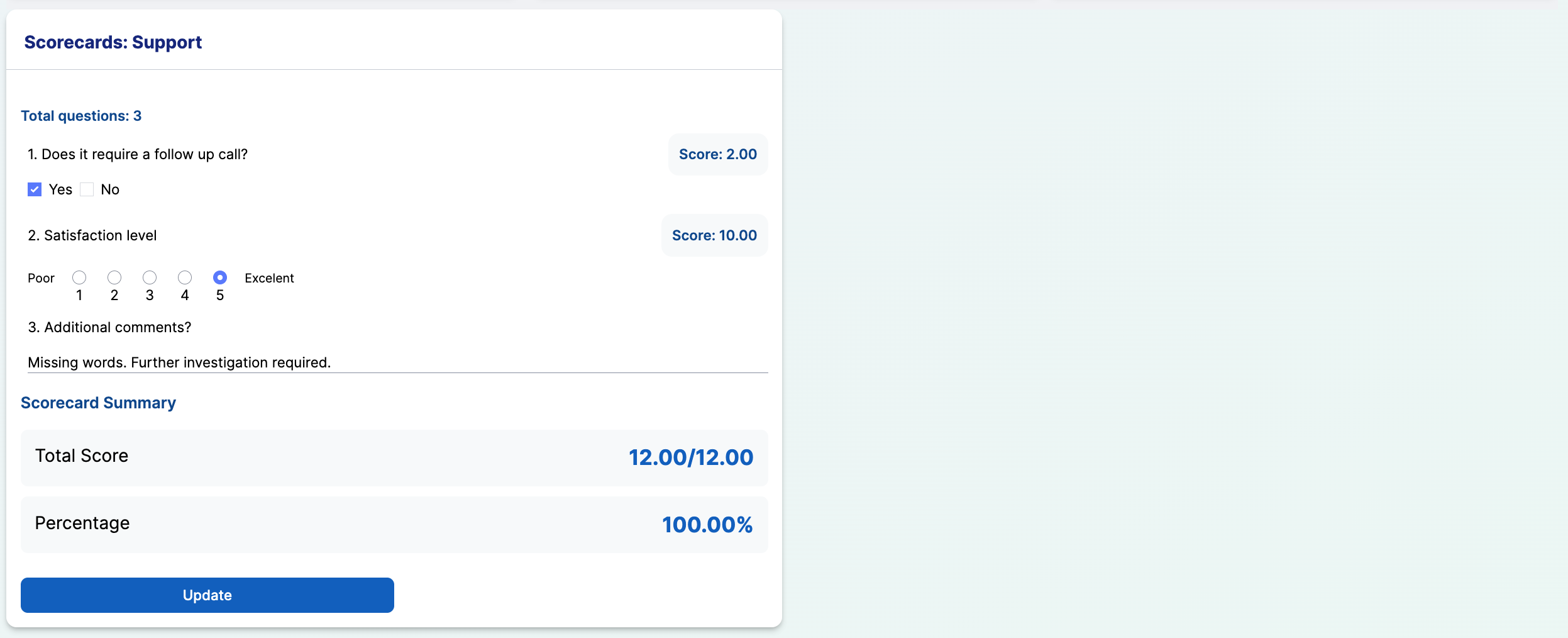 Update button on an existing scorecard
