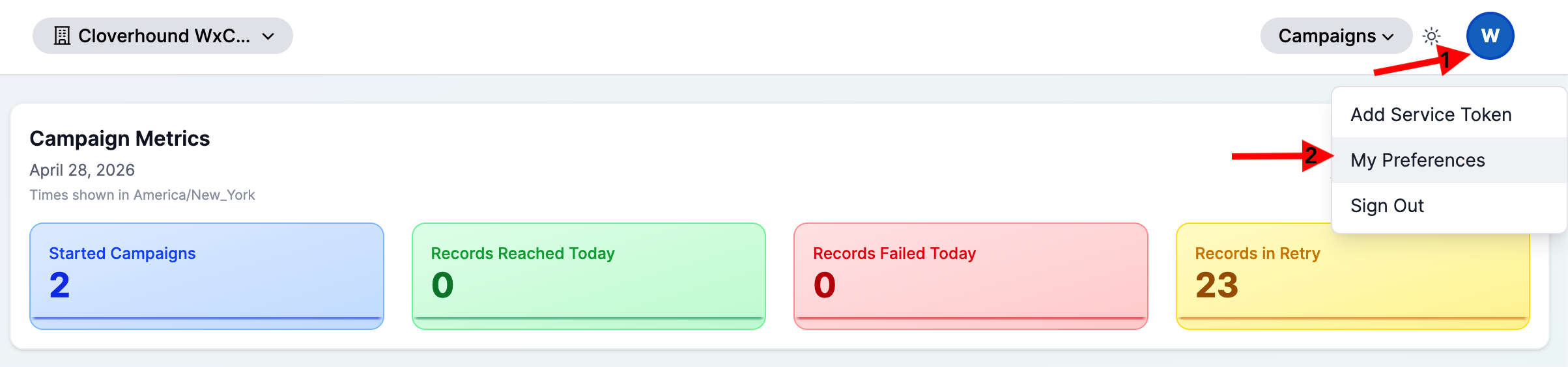 User avatar dropdown showing My Preferences and Sign Out links