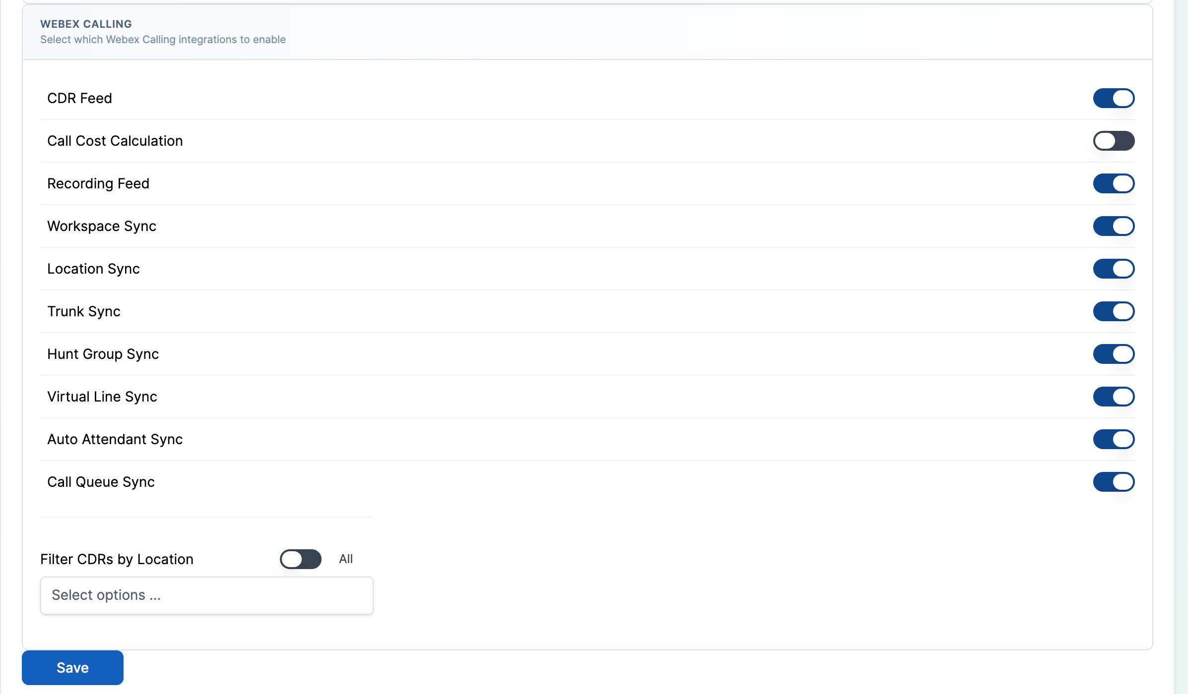 Webex Calling section