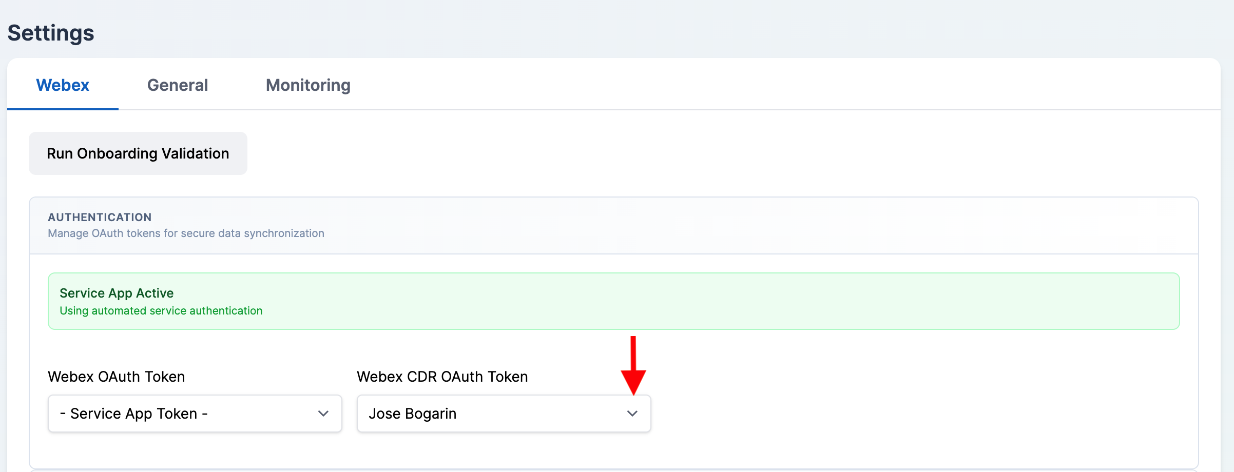 Webex CDR OAuth Token dropdown shown when a service app token is active
