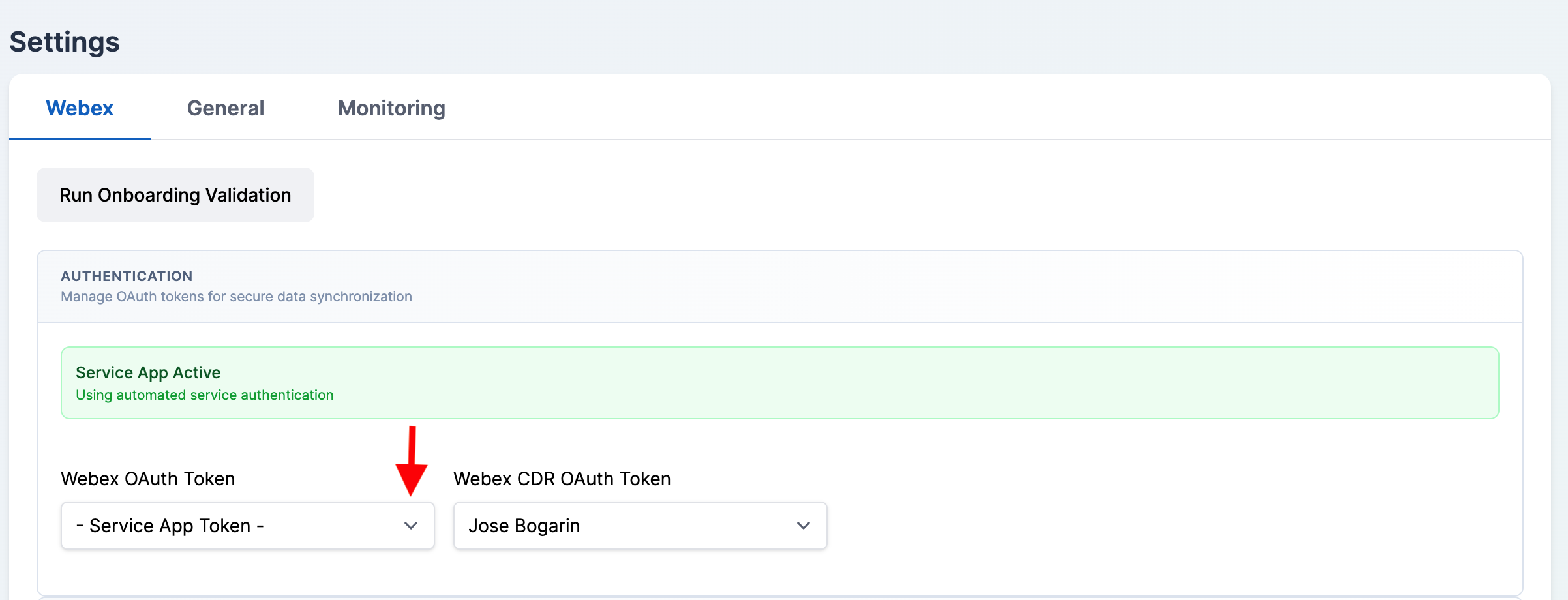 Authentication section showing the Webex OAuth Token dropdown
